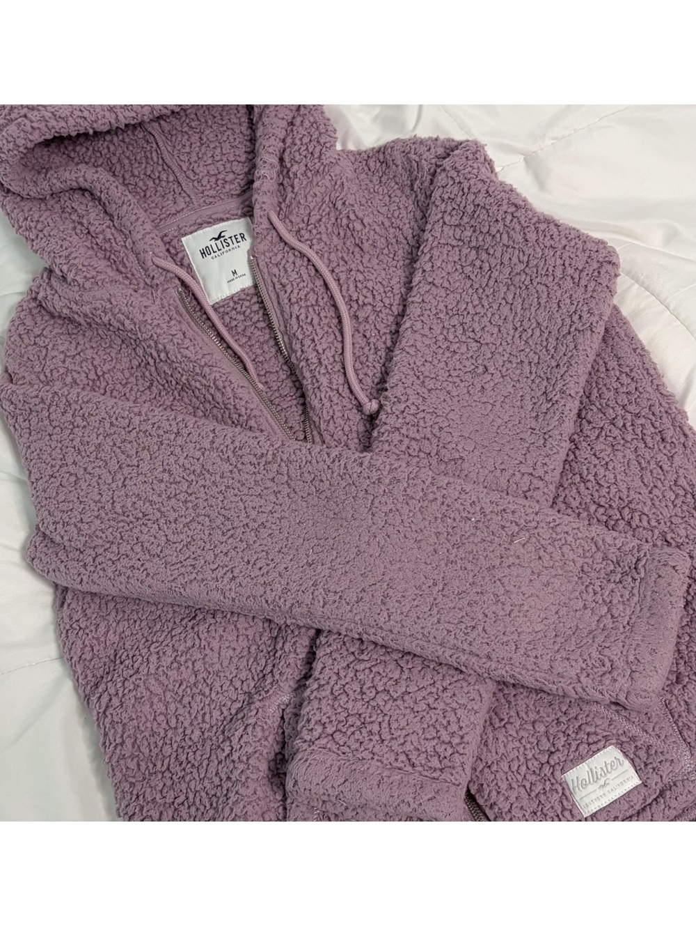 lavender Hollister teddy sherpa full-zip hoodie with a front zipper and pockets